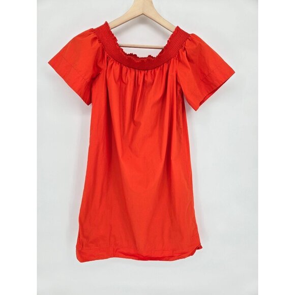 J. Crew Women Off The Shoulder Orange Cotton Babydoll Smocked Dress Size 2 - Picture 3 of 13